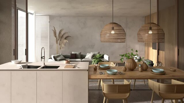HD video Boho scandinavian interior design living room with kitchen, island and dining table. 3d render illustration Japandi style. Animation scene.