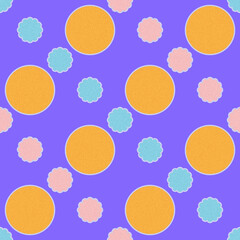 Seamless diagonal pattern of yellow circles, pink and blue abstract flowers on a light purple background for textile.