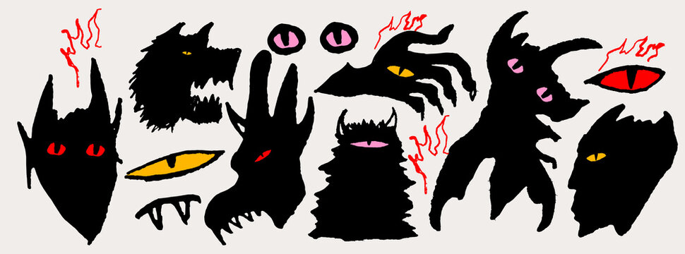 Funny Creepy Set Of Black Monster Heads And Eyes In Hand Drawn Doodle Style Isolated On White Background. Abstract Demons. Vector Illustration