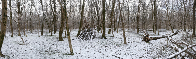 hut in winter forest between trees