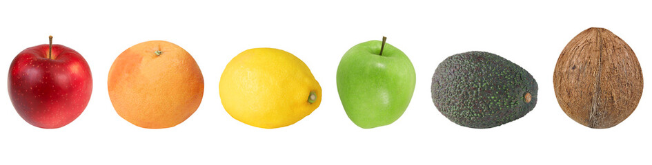 Collection of fruits on an isolated white background. Red apple, green apple, grapefruit, lemon, avocado and coconut