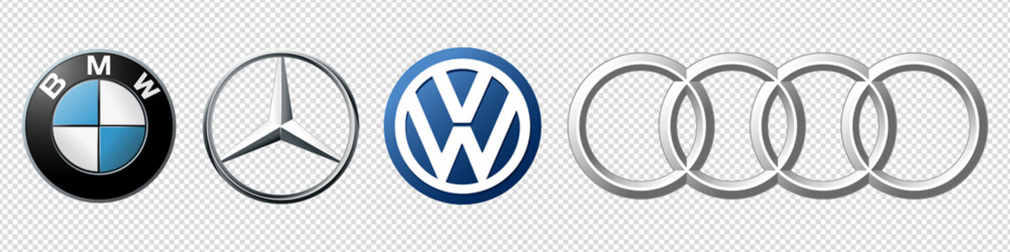 Logo of cars brand set: Volkswagen, bmw, mercedes, audi. Realistic logo of popular brands of cars on transparent background. Automotive industry leaders. Editorial vector illustration.