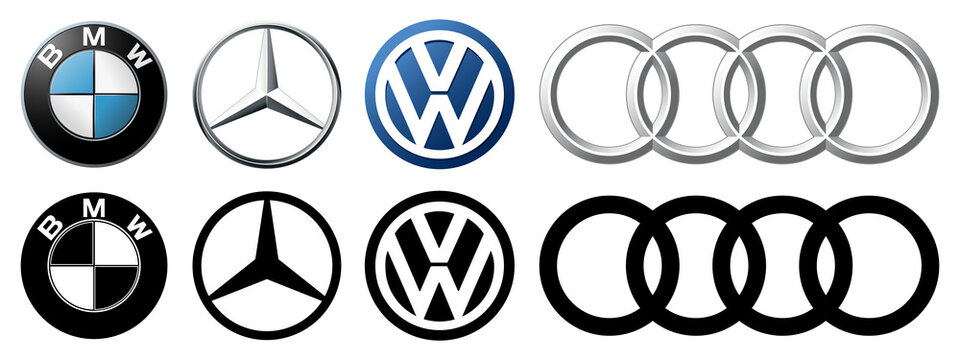  Logotipo de la marca de coches Volkswagen, bmw, mercedes, audi.  Logo realista de marcas populares de autos en un fondo blanco.  Líderes de la industria automotriz.  ilustración vectorial editorial.  Vector de stock