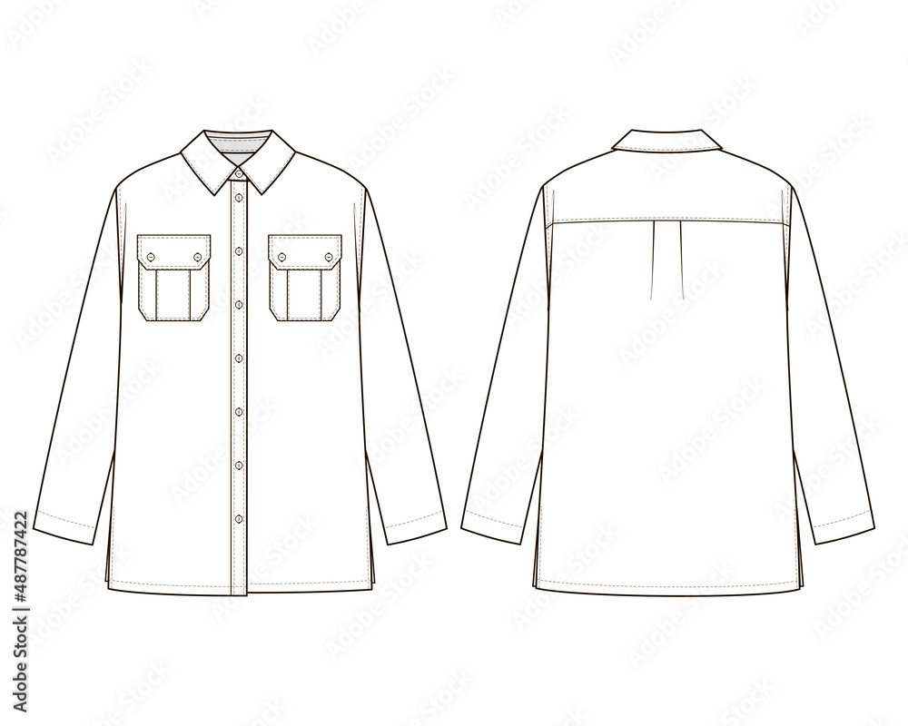 Poster Fashon technical drawing of double chest pocket shirt