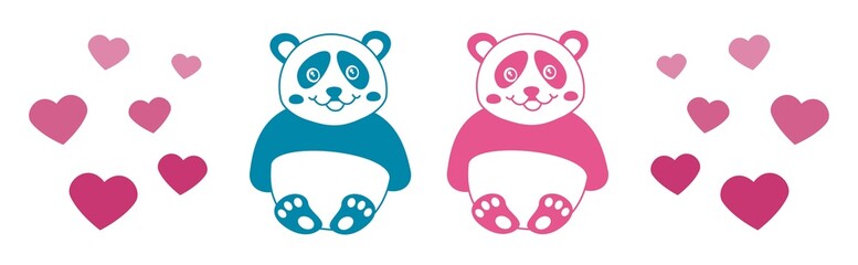 Couple of young blue and pink panda with flying hearts in banner