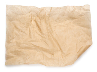 Fototapeta na wymiar Sheet of crumpled brown baking paper on white background, top view
