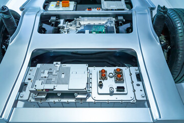 Chassis of the electric car with powertrain and power connection,electric system of eco car concept.