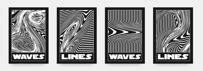 Collection of modern abstract posters with optical waves. In techno style, psychedelic design, prints for T-shirts and hoodies. Isolated on black background - obrazy, fototapety, plakaty