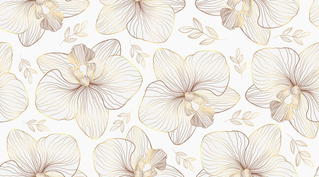 Luxury orchid seamless pattern background vector. Golden orchid line arts design for wedding, backdrop, wallpaper, banner, card, cover, texture. Vector illustration