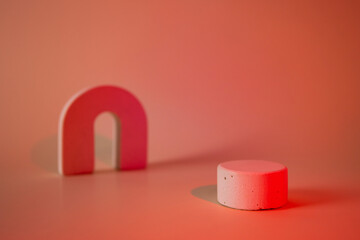 Concrete circle shaped pedestal on green light neon background. Podium mockup background for products. Advertising template. Stone platform. Abstract geometric