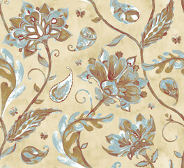 Paisley watercolor floral pattern. Jacobean floral tile: flowers, flores leaves. Oriental indian traditional hand painted water color whimsical seamless print design. Abstract india batik background