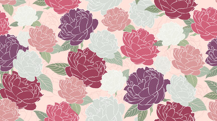 Vector seamless peony pattern, textile fabric background design. Botanical wallpaper. All elements are isolated and editable