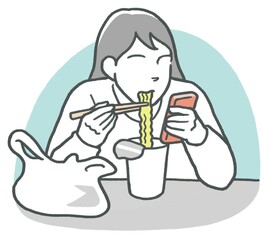 携帯電話を触りながらカップラーメンを食べる女性