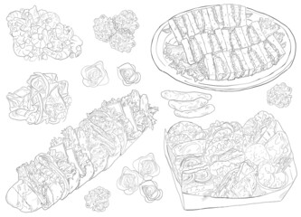 手描き パン オードブル イラスト 線画 セット ベクター