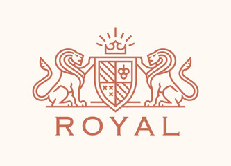 Royal lion shield logo. Elegant gold heraldic crest leo line icon. Luxury vintage heraldry coat of arms emblem. Brand identity design element symbol. Vector illustration. - obrazy, fototapety, plakaty