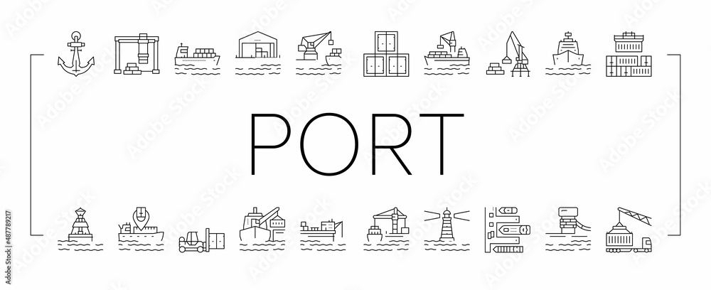 Poster container port tool collection icons set vector .