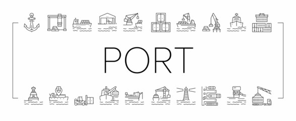 Container Port Tool Collection Icons Set Vector . - obrazy, fototapety, plakaty