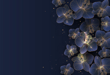 Luxury orchid background design with golden line on dark blue color. Orchid flowers line arts design for wallpaper, banner, prints, invitation and packaging design. Vector illustration © MooJook