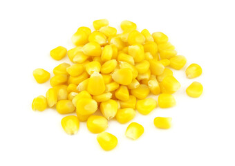 Heap of yellow sweet corn seeds isolated on white background 