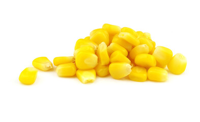 Heap of yellow corn seeds close up isolated on white background	