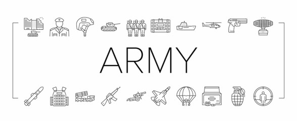 Army Soldier And War Technics Icons Set Vector .