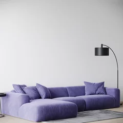 Poster Pantone 2022 very peri Cloud dancer color of the year trend 2026 - accent wall empty mockup. Modern and stylish trendy living room design. Black decoration. Veri peri sofa. 3d rendering.  © Viktoriia Lytvyn