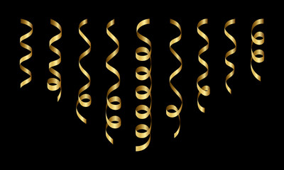 Golden serpentine and carnival ribbon collection. Vector illustration.