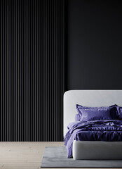 A dark bedroom with a bright accent - very peri color bed linen. The trend of the season and the year 2022 in details and decor. Empty wall mockup. Interior design home. 3d rendering