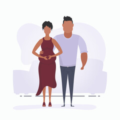 Fototapeta premium A man hugs a pregnant woman. Poster on the theme Young family is waiting for the birth of a child. Happy pregnancy. Vector illustration in a flat style.