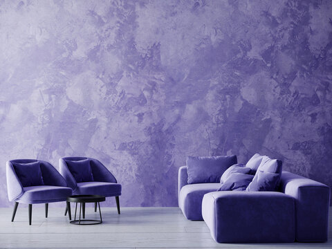 Living room - hall lounge with active accent wall - stucco very peri color. Bright lavender furniture - sofa and armchairs. Mockup luxury interior room design. 3d rendering