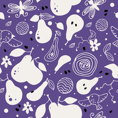 Pattern of pears and flowers, seamless pattern white. Vector print. Trendy purple color