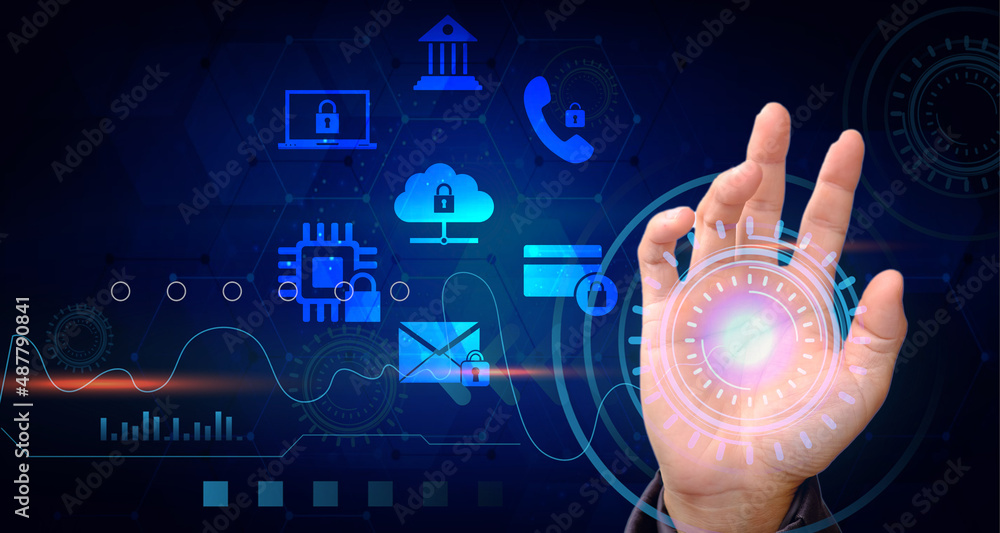 Poster hand touching virtual screen with technology and lock icon hologram in double exposure. data securit