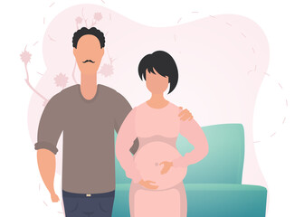 Man and pregnant woman. Banner on the theme Young family is waiting for the birth of a child. Positive and conscious pregnancy. Cute illustration in flat style.