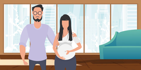 Man and pregnant woman. Poster on the theme Young family is waiting for the birth of a child. Positive and conscious pregnancy. Vector in cartoon style.