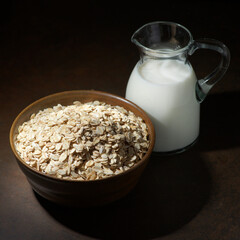 Oatmeal in a wooden bowl, oatmeal and cup of milk on the  table. Healthy eating