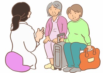認知症病棟入院のための診察　重度認知症の高齢女性と家族と精神科医のイラスト