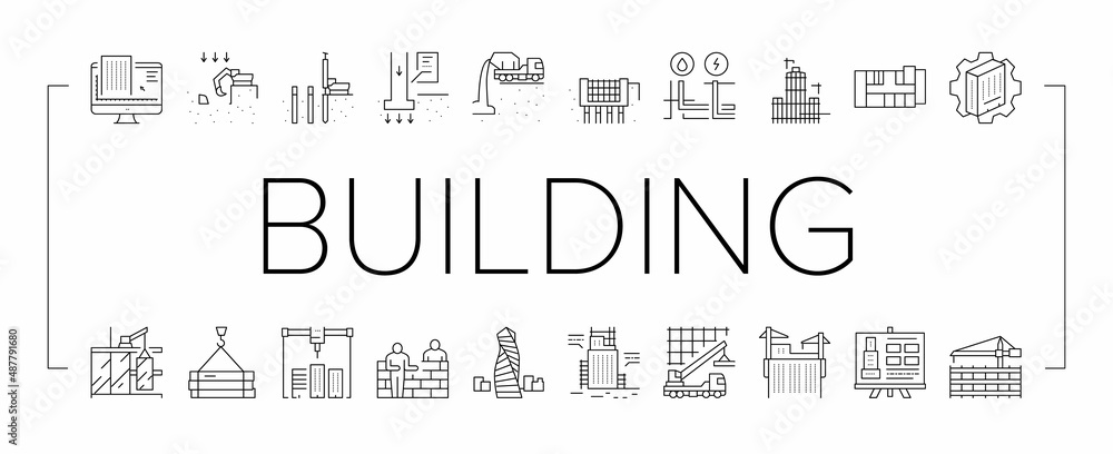 Poster building construction collection icons set vector .