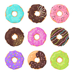 Set of colorful glazed donuts on a white background. View from above. Collection of cartoon donuts for design. Vector illustration in flat style