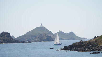Coastal sea and beach landsapes in Ajaccio, Parata and Capo di Feno of Corsica Island, France.