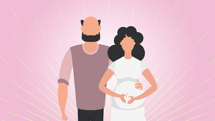 Pregnant woman with her husband. Banner on the theme Young family is waiting for the birth of a child. Happy pregnancy. Cute illustration in flat style.