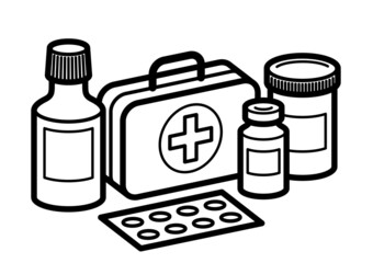Medicine first aid medical kit theme pills and bottles 3d vector illustration isolated, medicaments and drugs, health care meds cartoon, vitamins or antibiotics, simple linear design.