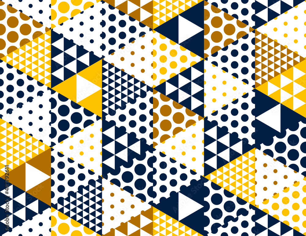 Poster seamless cubes vector background, rhombus and triangles and dots boxes repeating tile pattern, 3d ar