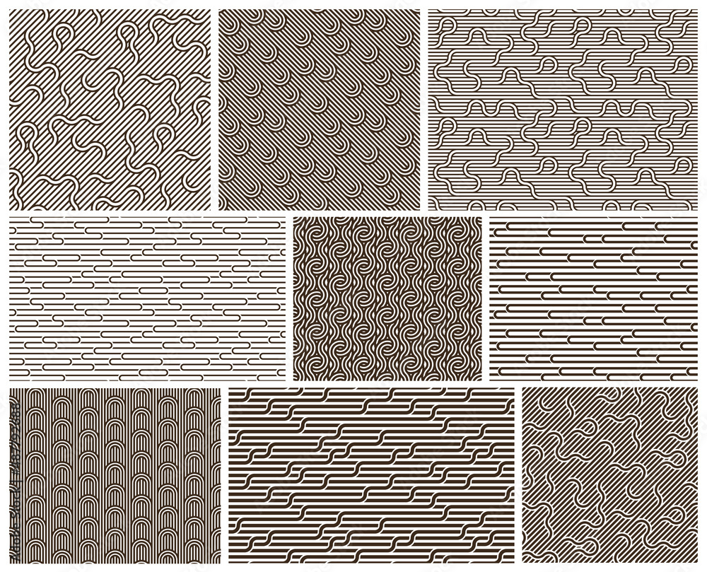 Poster linear seamless backgrounds with twisted lines, vector abstract geometric patterns set, stripy weavi