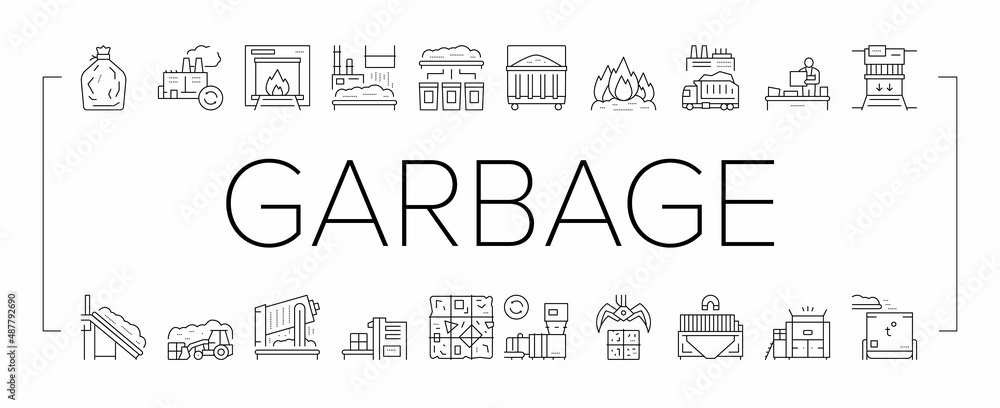 Poster factory garbage waste collection icons set vector .