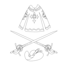 Musketeers cloak, hat, antique swords are isolated on a white background. Vector illustration in a hand-drawn style.Elements of a musketeer costume in the style of doodles. design or coloring element.