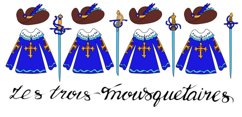 Handwritten inscription in French: Three musketeers. Lettering.  Musketeer cloaks, hats and swords are isolated on a white background. Vector illustration in a hand-drawn style. Doodle style