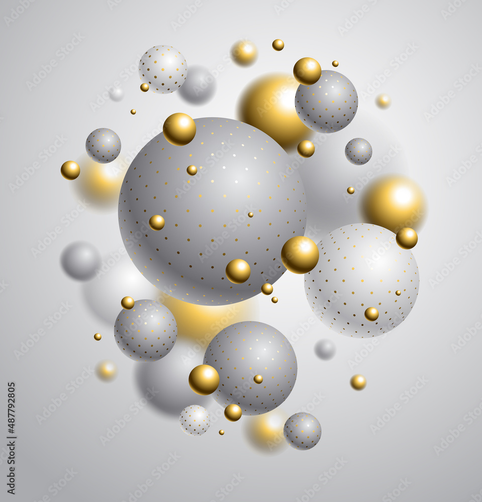 Poster realistic dotted spheres vector illustration, abstract background with beautiful balls with dots and