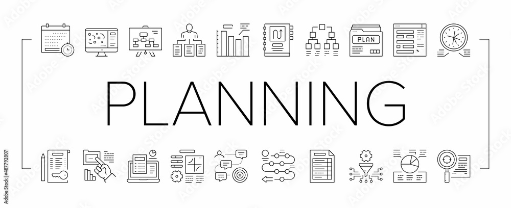 Poster planning work process collection icons set vector .