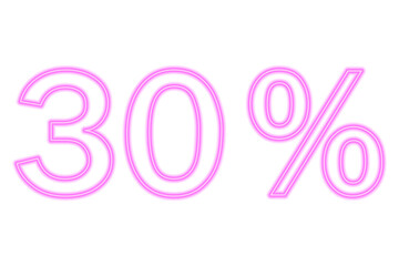 30 percent inscription isolated on white. Pink line in neon style.