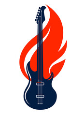 Plakat Electric guitar on fire, hot rock music guitar in flames, Hard Rock or Rock and Roll concert or festival label, night club live show, vector logo or emblem.